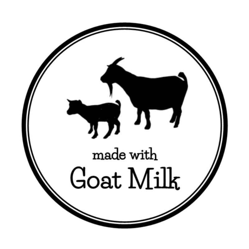 Black and white Image with mama and baby goat. Black and white font saying "made with Goat Milk".